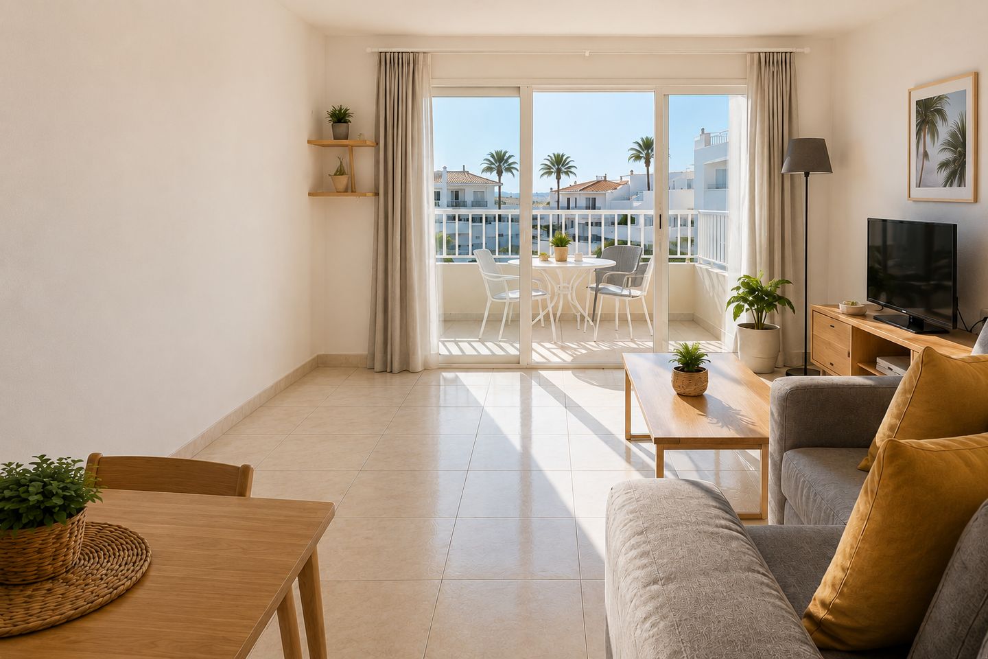Salón luminoso de una vivienda en Tenerife con la terraza abierta al fondo